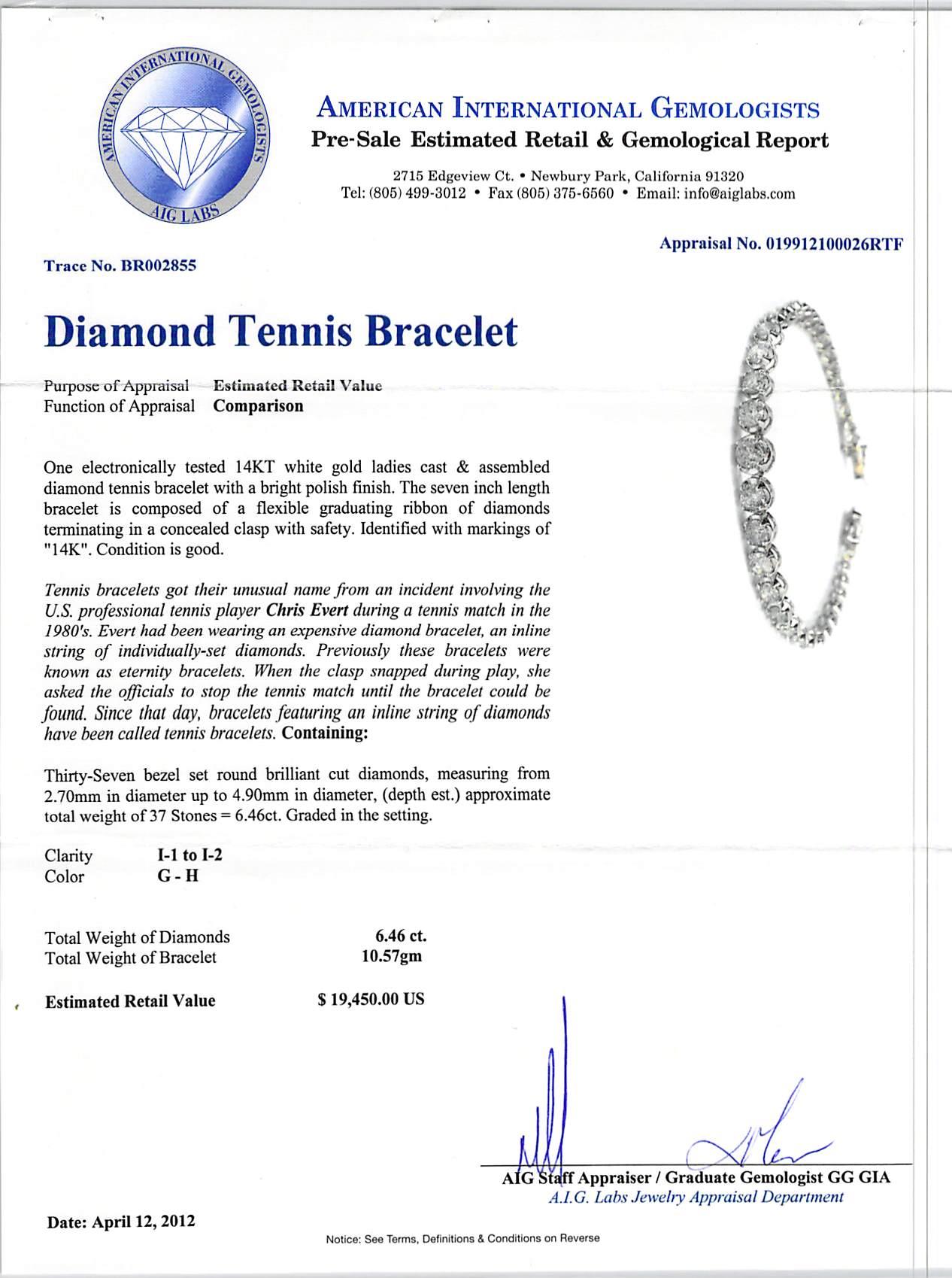 Diamond Graduated Tennis Bracelet in 14 Karat White Gold '6.46 Carat' In Excellent Condition In New York, NY