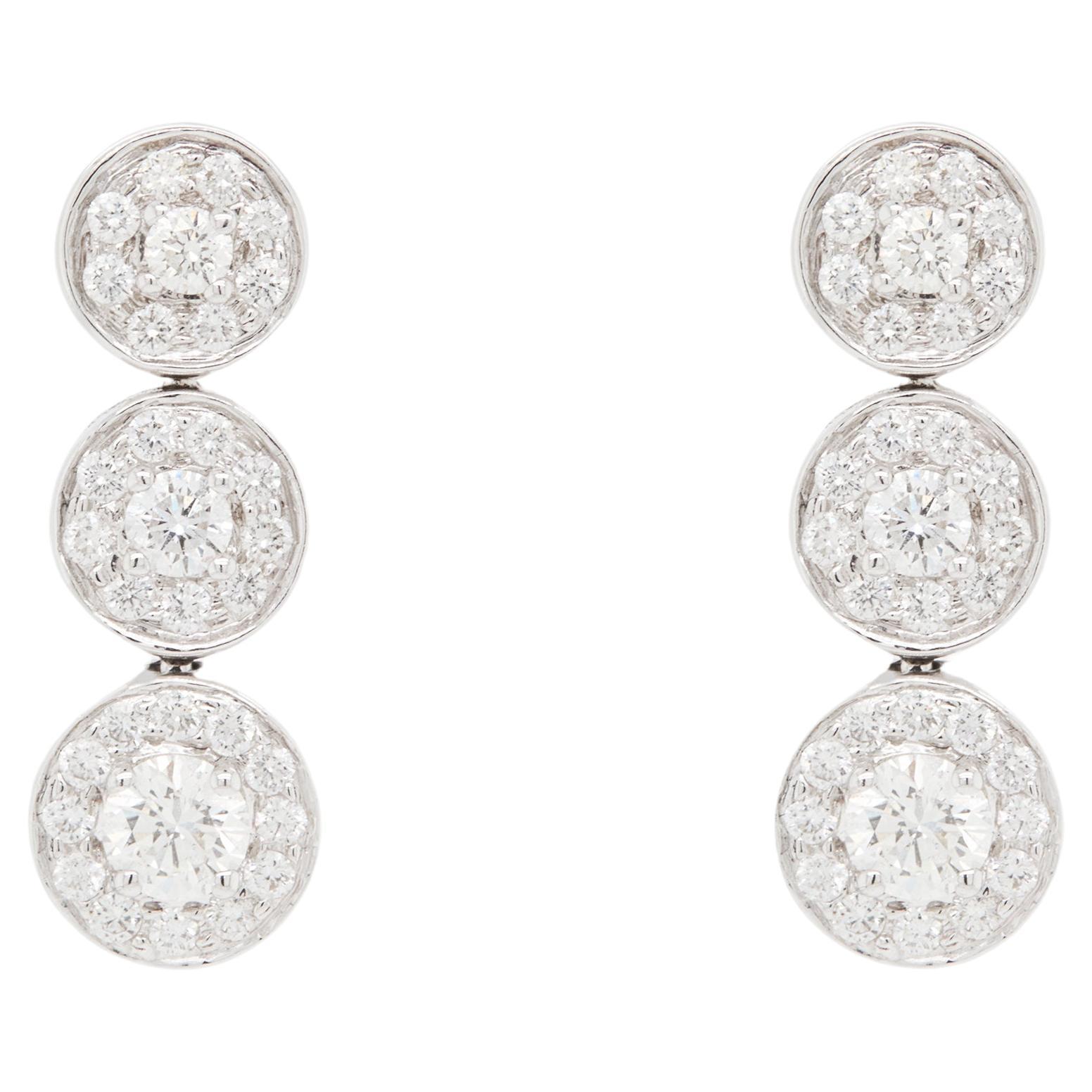 Diamond Graduated Triple Halo Cluster Drop Earrings in 18 Carat White Gold