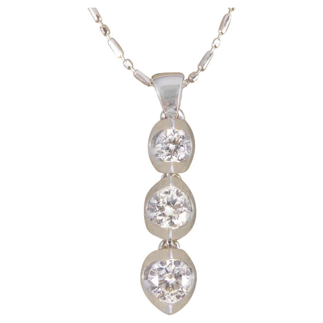 Diamond Graduating Three Stone Drop Pendant Necklace in 18ct White Gold