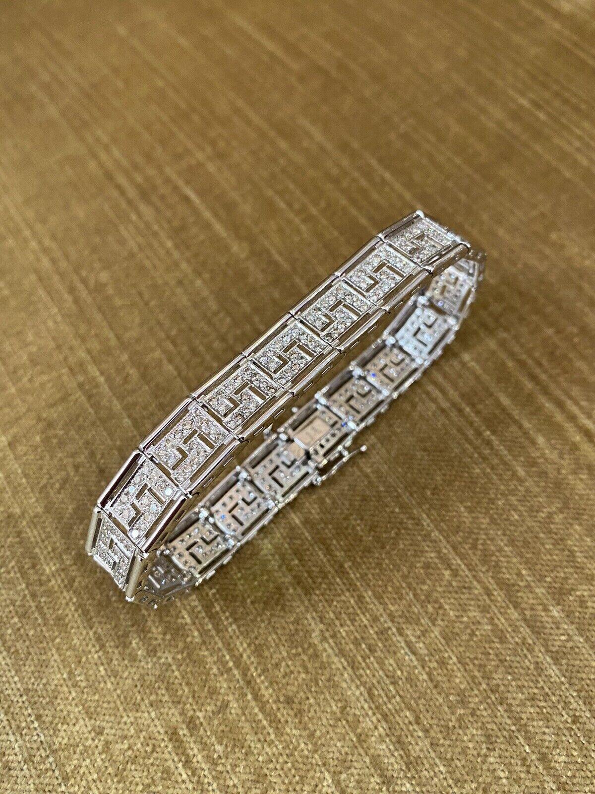 Classical Greek Diamond Greek Key Bracelet in 18k White Gold 3 carat total weight For Sale