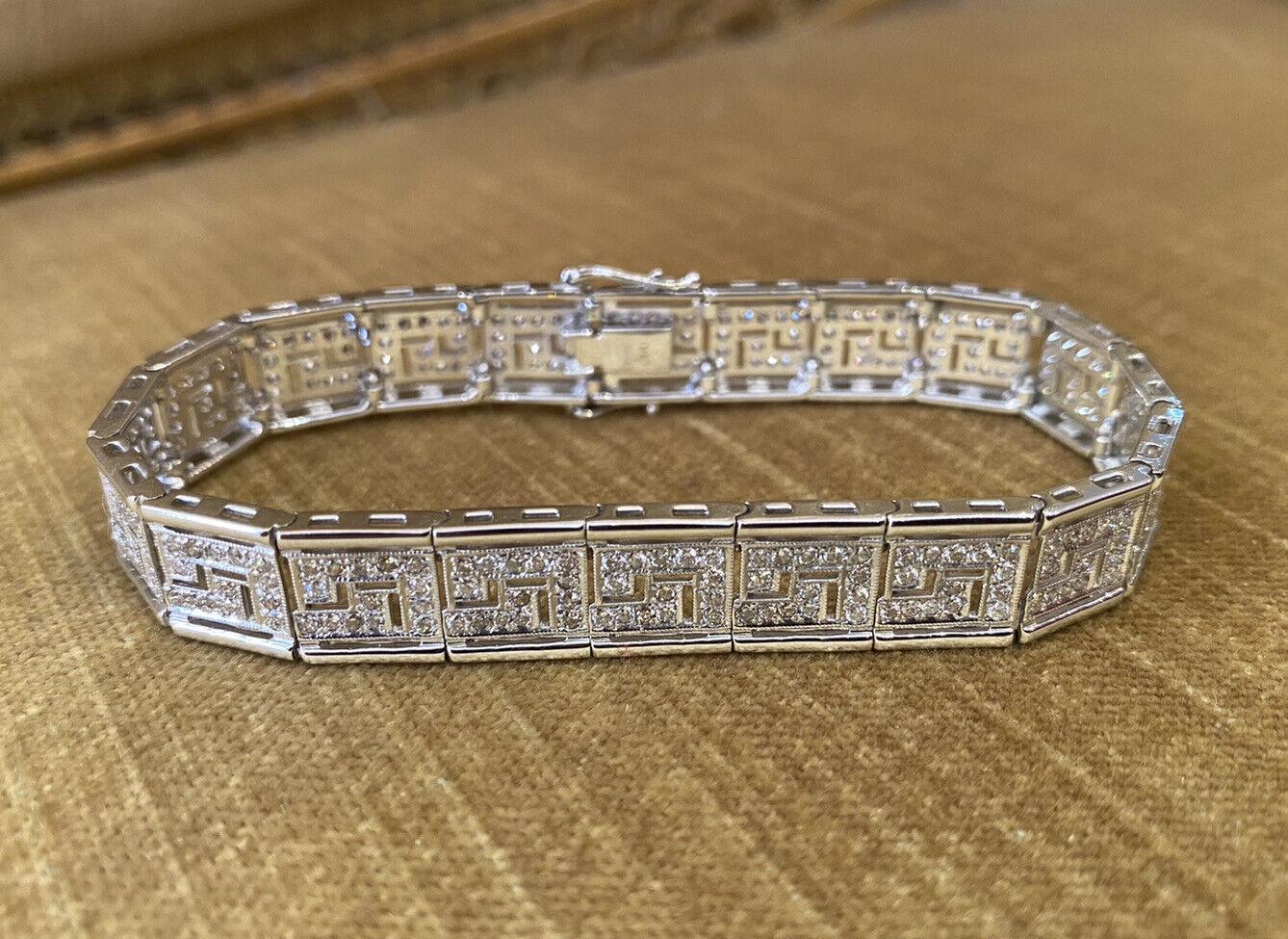 Round Cut Diamond Greek Key Bracelet in 18k White Gold 3 carat total weight For Sale
