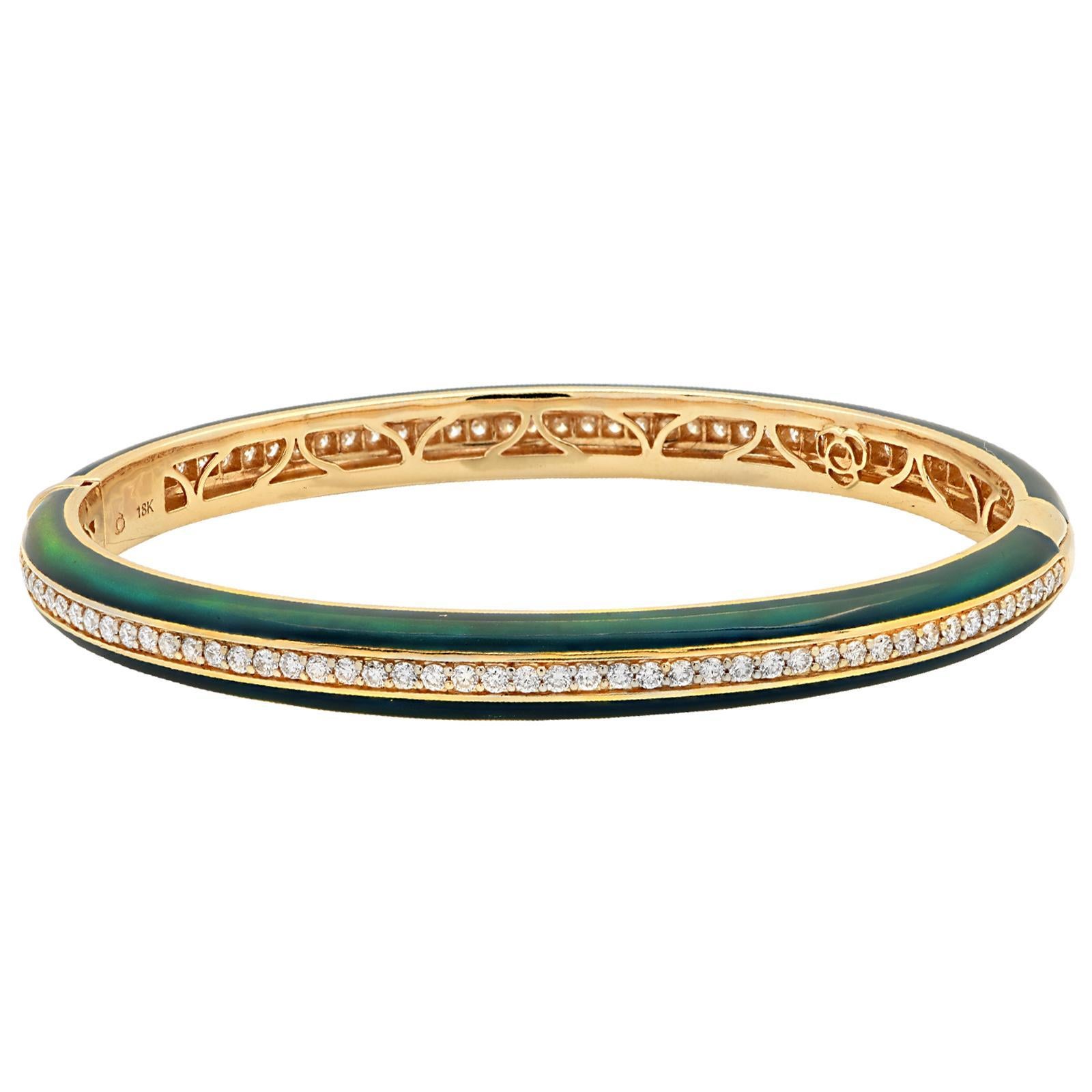 Moderne Bracelet à charnière empilable en or jaune 18K avec diamants et céramique verte New en vente