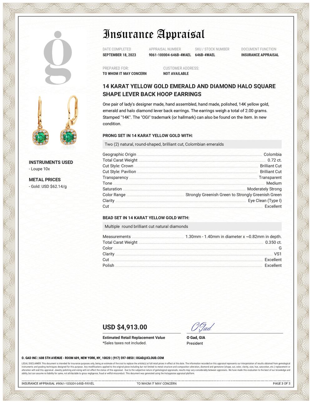 Die Halo LeverBack Hoop Earrings aus 14 Karat Gelbgold mit Diamanten und Smaragden mit einem Gewicht von 0,75 Karat sind eine Art von Schmuck, bei dem Diamanten und Smaragde in einem Halo-Design um einen Ohrring herum angeordnet sind. Die Ohrringe