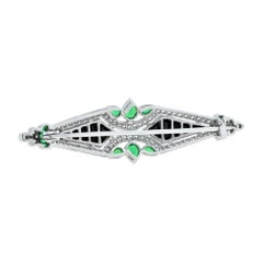 Diamond & Green Emerald and Black Onyx Art Deco Style 14K White Gold Pin Brooch