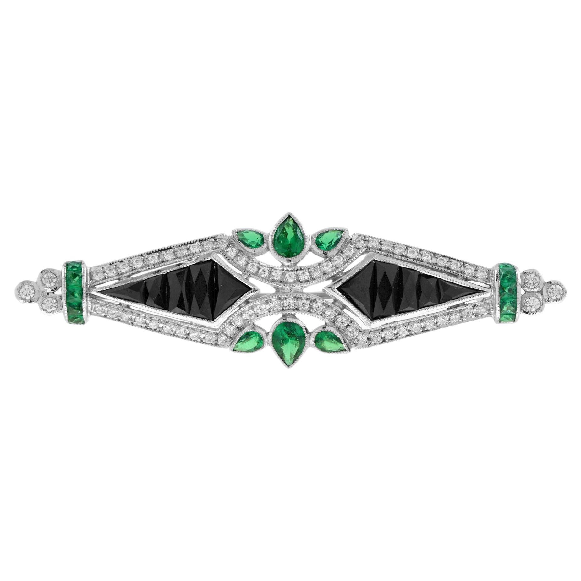 Spilla con diamante, smeraldo verde e onice nero in stile Art Deco in oro bianco 14 carati
