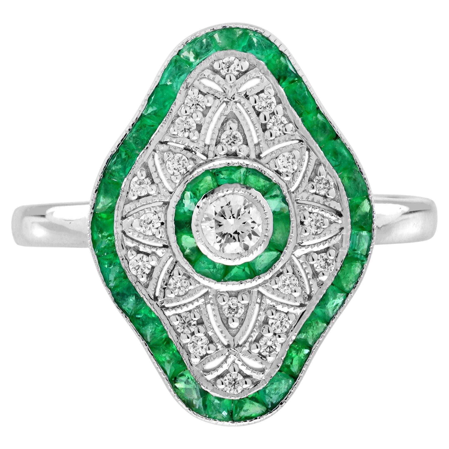 Diamond & Green Emerald Art Deco Inspired Style White Gold Ring