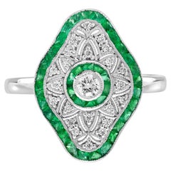 Diamond & Green Emerald Art Deco Inspired Style White Gold Ring