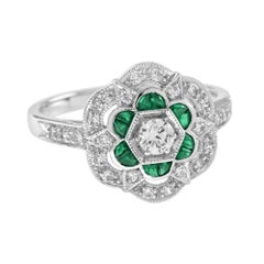 Diamant & Grüner Smaragd Art Deco Stil Florale Verlobung 14K Weißgold Ring