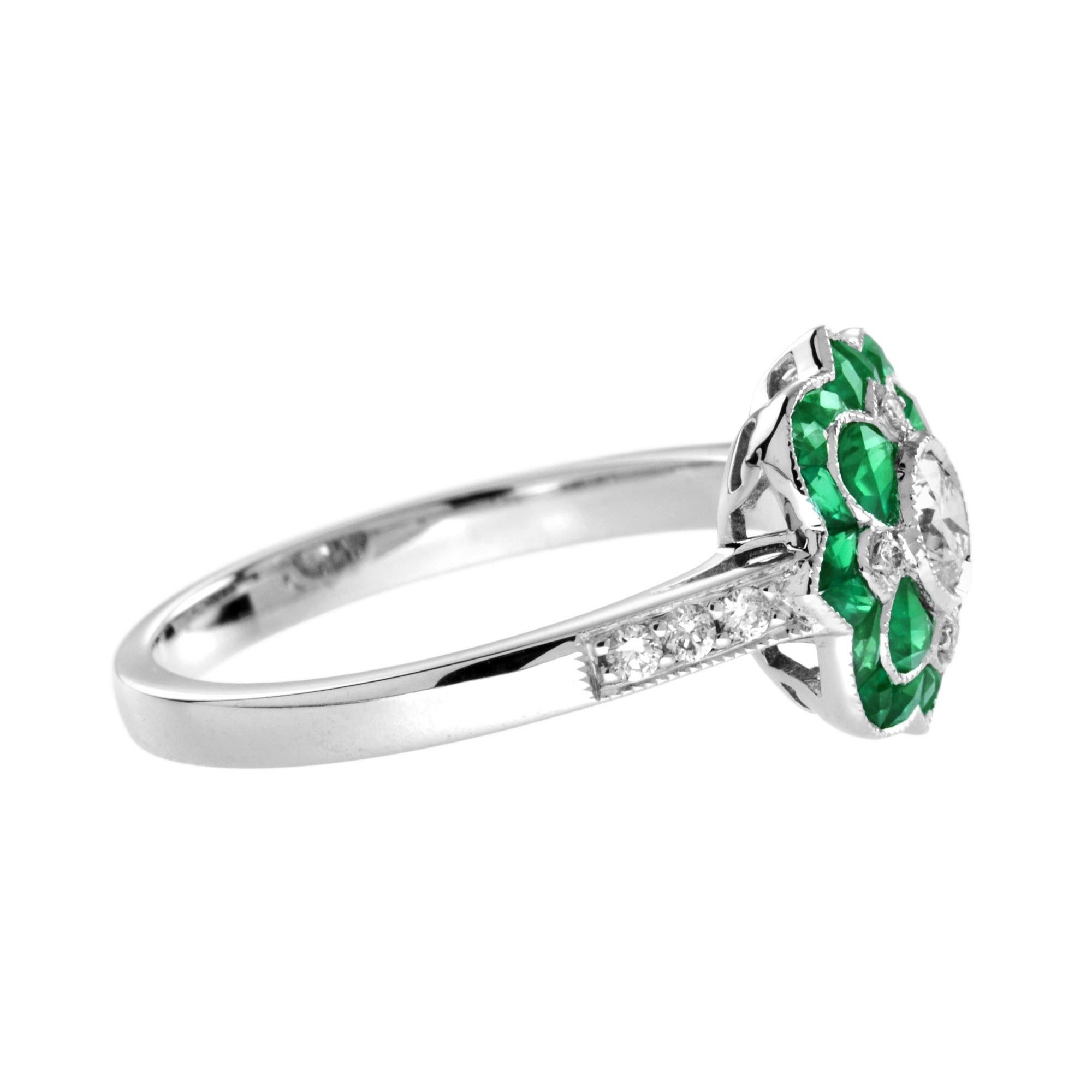 Diamante y Esmeralda Verde Anillo de Oro Blanco Floral Estilo Art Déco Art Decó en venta