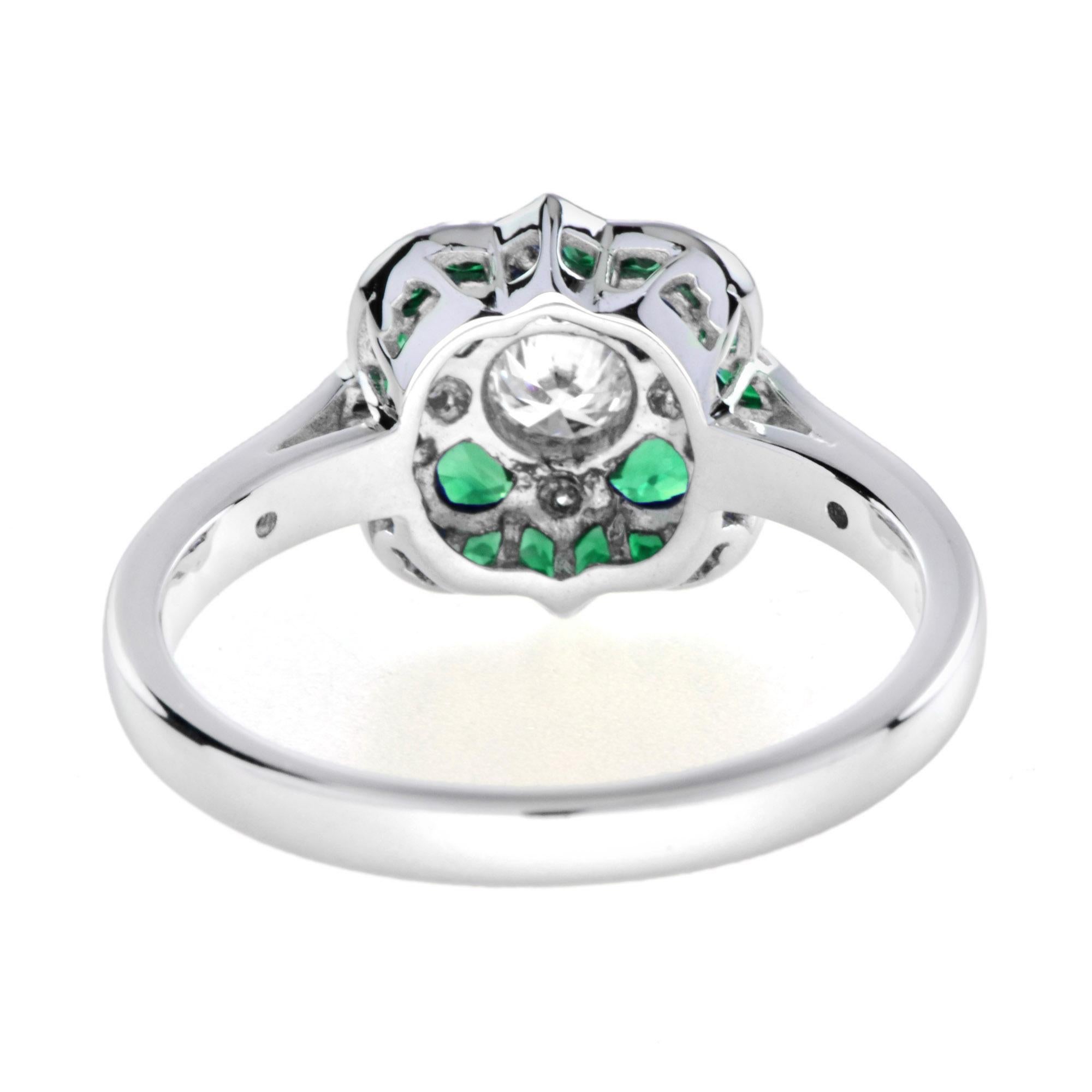 Diamante y Esmeralda Verde Anillo de Oro Blanco Floral Estilo Art Déco Corte brillante en venta
