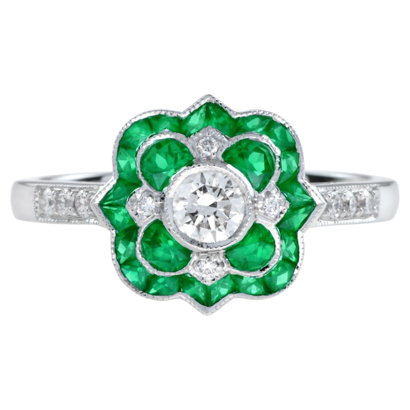 Diamant & Grüner Smaragd Art Deco Stil Florale Blume Weißgold Ring