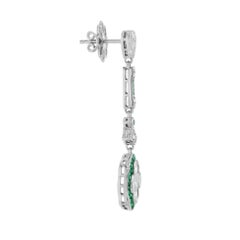Diamond & Green Emerald Art Deco Style Lily Shape Drop Dangle Gold Earrings