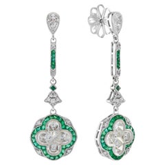 Diamond & Green Emerald Art Deco Style Lily Shape Drop Dangle Gold Earrings