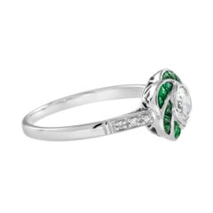Diamond & Green Emerald Art Deco Style Rose Floral Flower 14K White Gold Ring