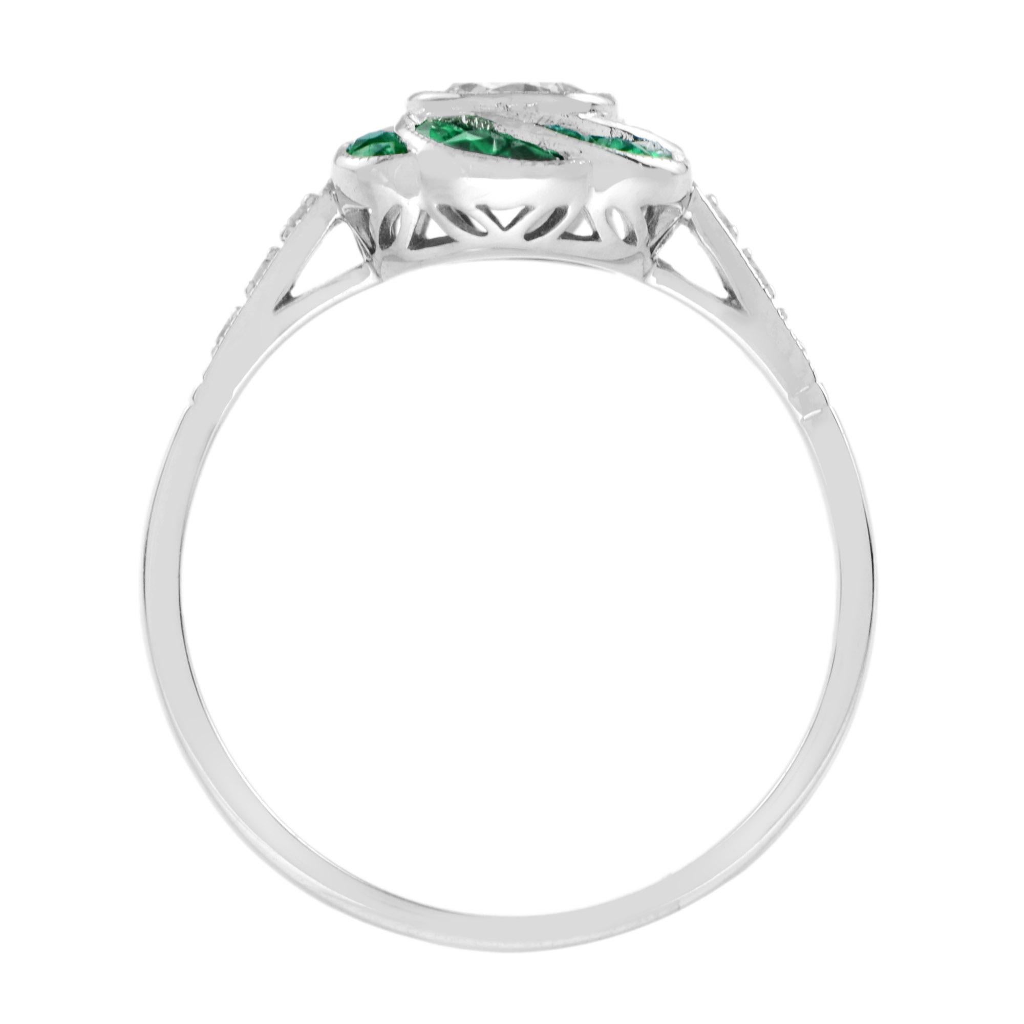 Art Déco Anello in oro bianco 14K con diamante e smeraldo verde in stile Art Deco con fiore rosa e fiori in vendita