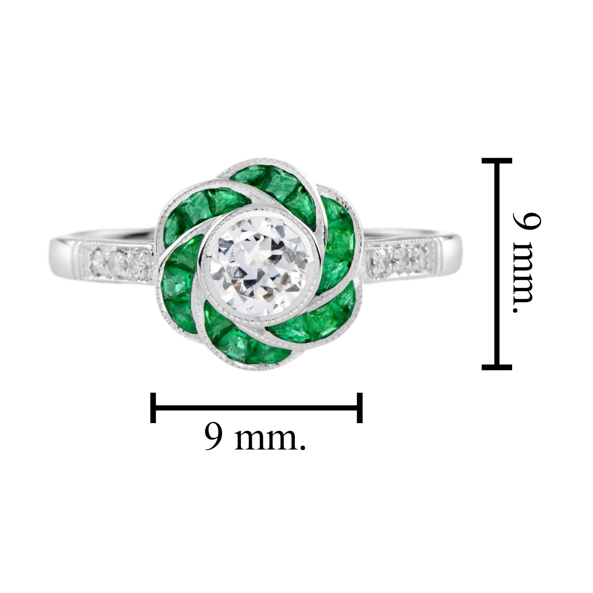 Taglio rotondo Anello in oro bianco 14K con diamante e smeraldo verde in stile Art Deco con fiore rosa e fiori in vendita