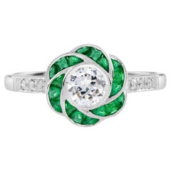 Diamond & Green Emerald Art Deco Style Rose Floral Flower 14K White Gold Ring