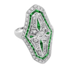 Diamond & Green Emerald Art Deco Style Shield Shape 14K White Gold Ring