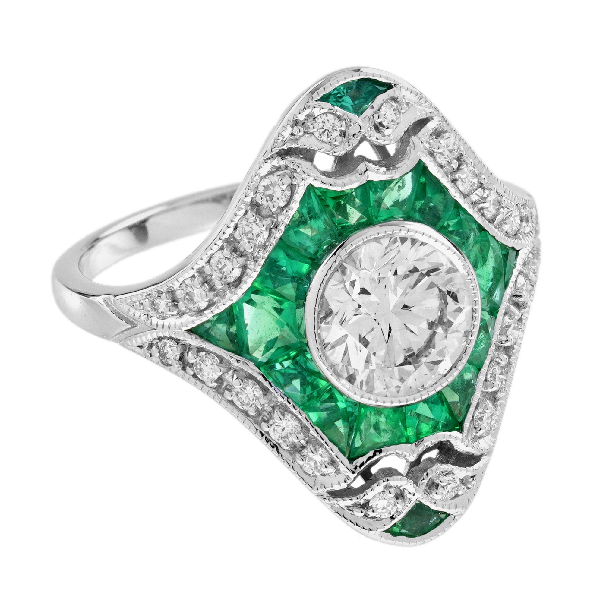 Ein wahrhaft atemberaubender Ring im Art-Déco-Stil! Ein erstaunlicher 1,00 Karat (ca.) rund geschliffener Diamant strahlt aus der Lünettenfassung heraus, phantasievoll umrahmt von hellen, lebhaften grünen Smaragden im französischen Schliff, die