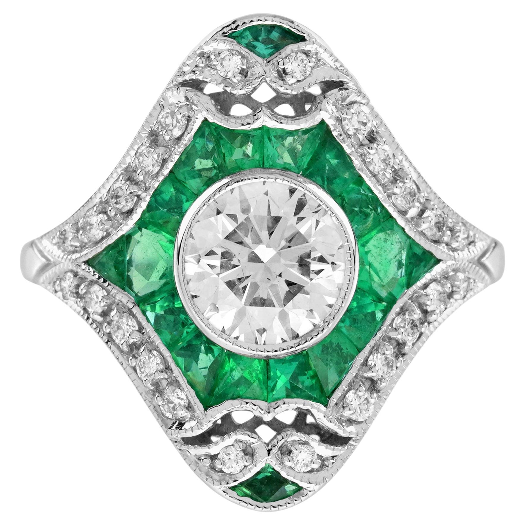 Diamond & Green Emerald Bezel Halo Set Art Deco Style Shield 18K White Gold Ring