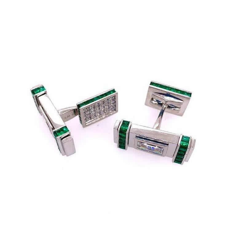 Contemporary Diamond and Green Emerald Cufflinks For Sale