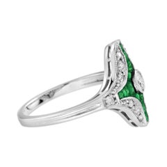 Diamond & Green Emerald Fancy Cut Art Deco Style Unique White Gold Ring