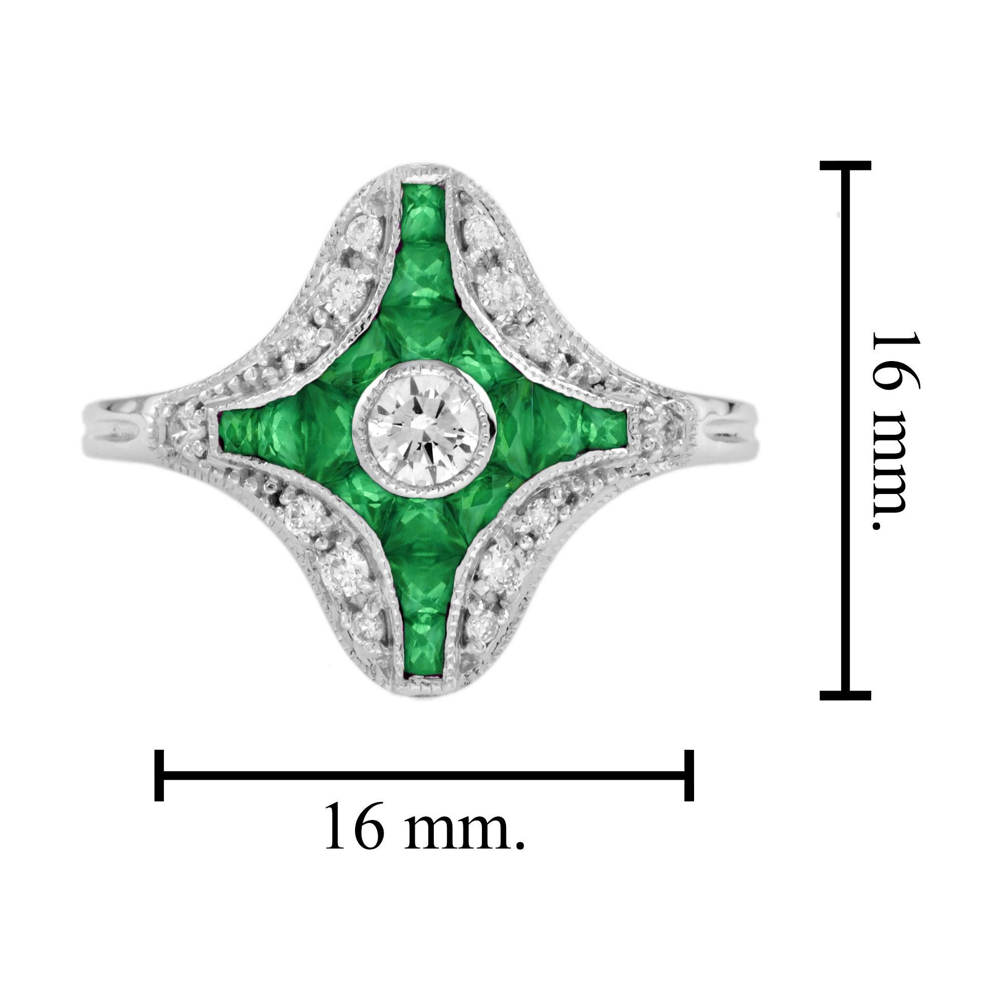 Bague en or blanc unique avec diamant et émeraude verte de taille fantaisie de style Art Deco Neuf - En vente à Oakton, VA