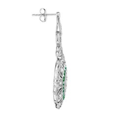 Diamond & Green Emerald Halo Art Deco Style Marquise Shape Dangle Gold Earrings