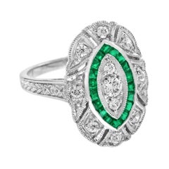 Diamond & Green Emerald Halo Set Art Deco Style White Gold Ring