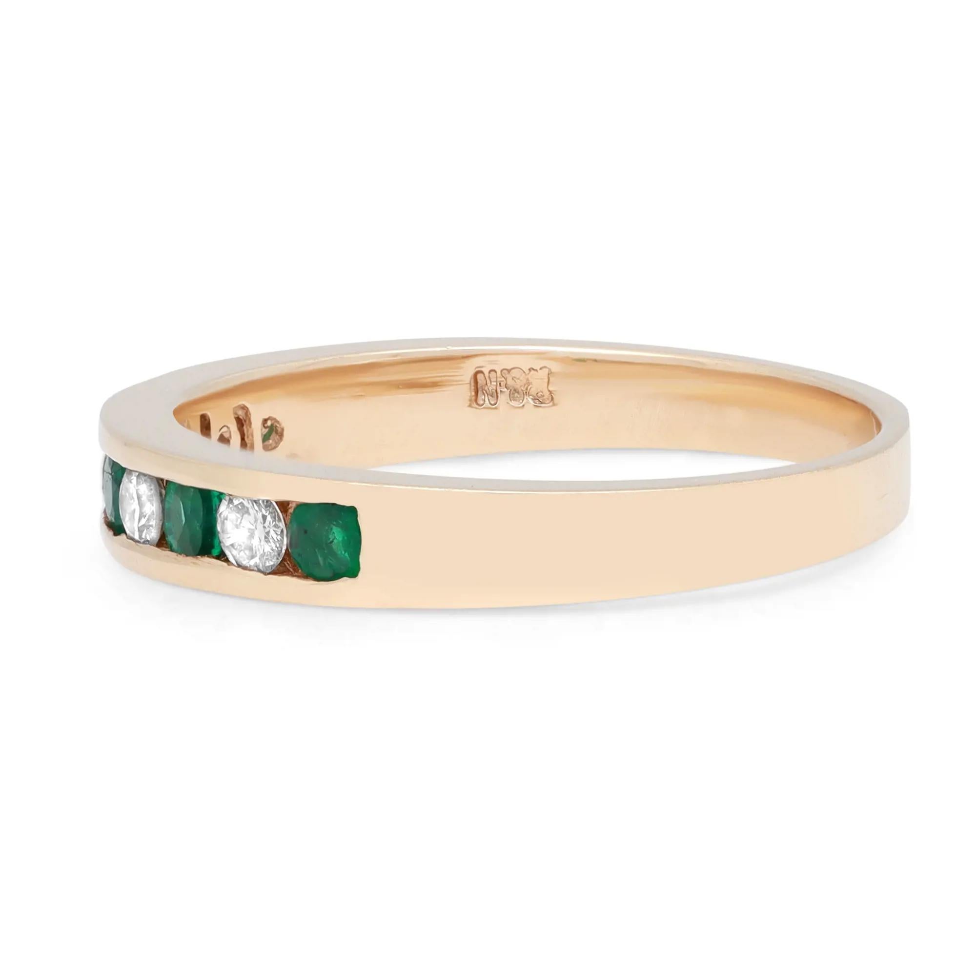Modern Diamond & Green Emerald Ladies Channel Set Band Ring 14K Yellow Gold For Sale