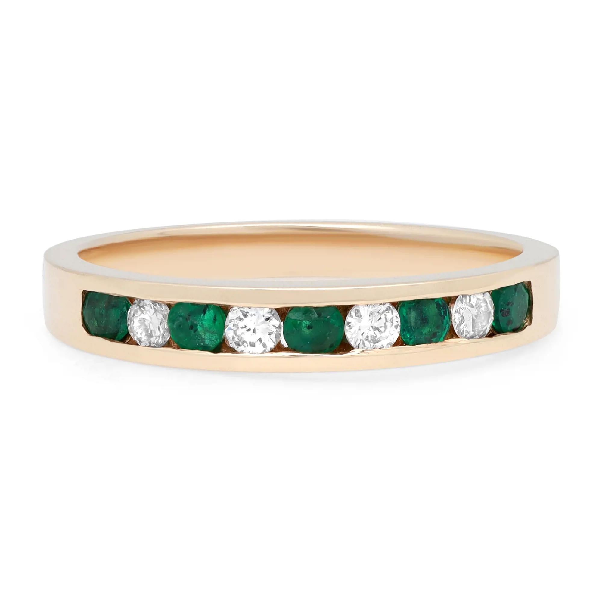 Diamond & Green Emerald Ladies Channel Set Band Ring 14K Yellow Gold For Sale