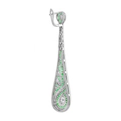 Diamond & Green Emerald Swirl Art Deco Style Dangle Drop 14K White Gold Earrings