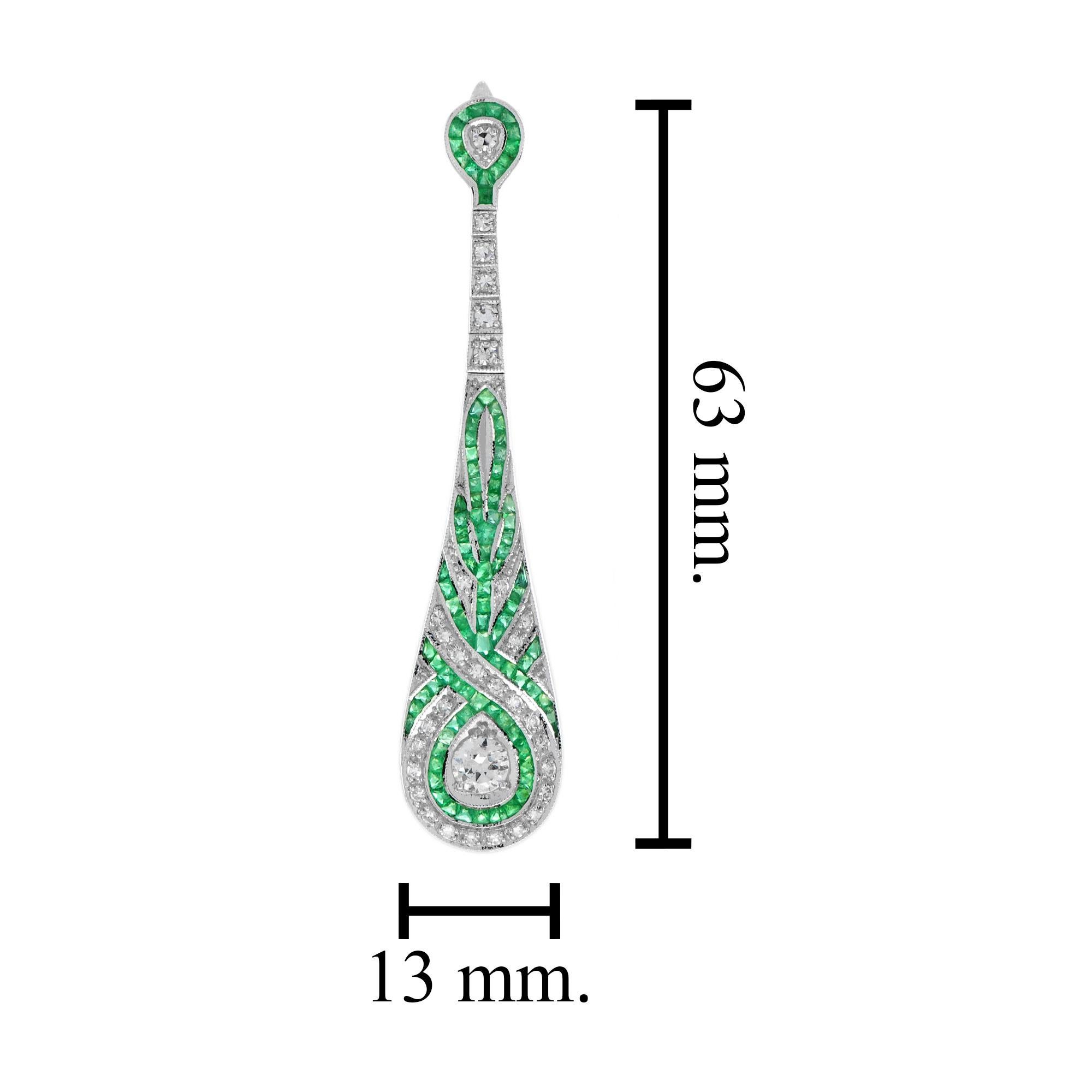 Round Cut Diamond & Green Emerald Swirl Art Deco Style Dangle Drop 14K White Gold Earrings For Sale