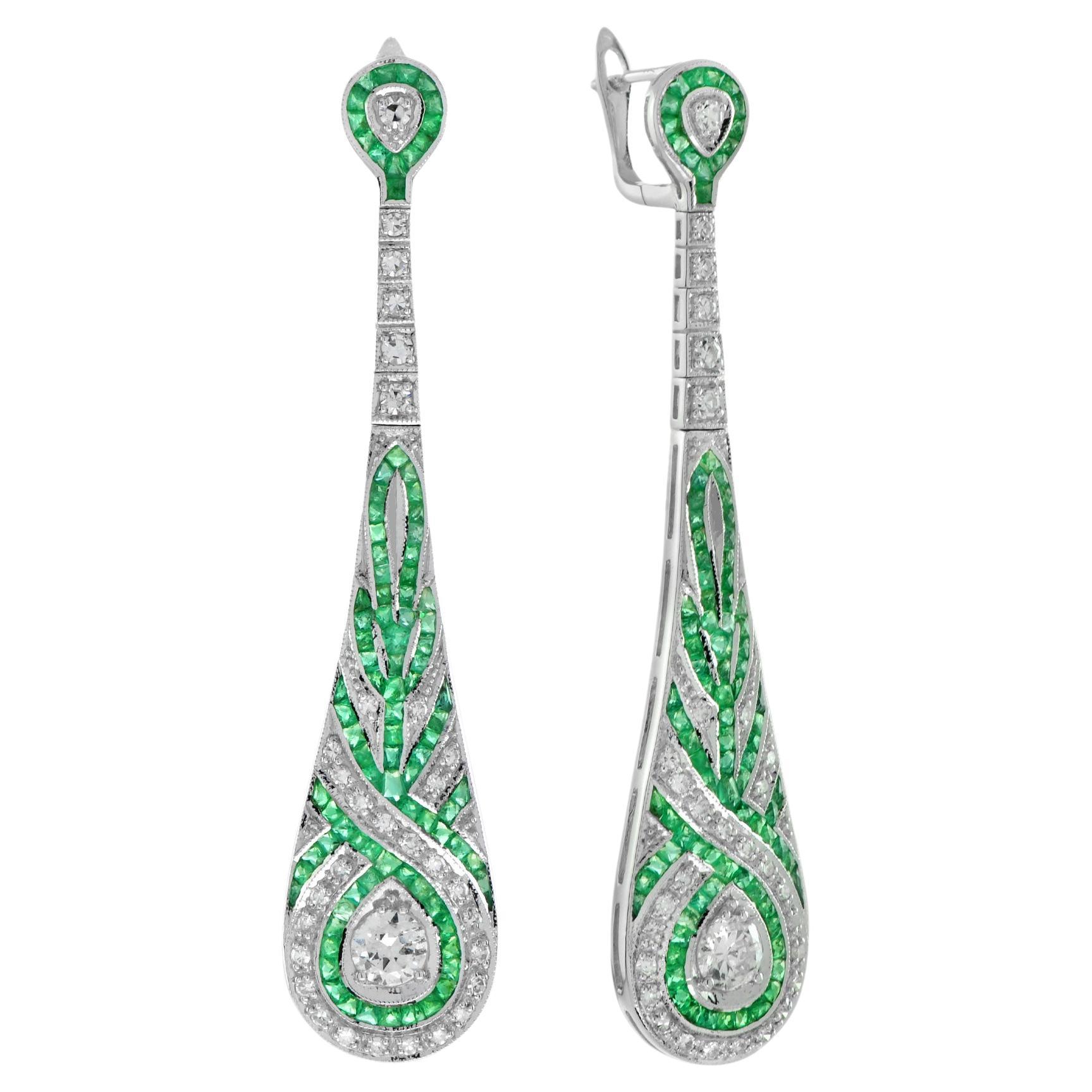 Diamond & Green Emerald Swirl Art Deco Style Dangle Drop 14K White Gold Earrings For Sale