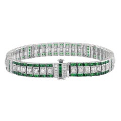 Diamond & Green Emerald Vintage Inspired Art Deco Style Link White Gold Bracelet
