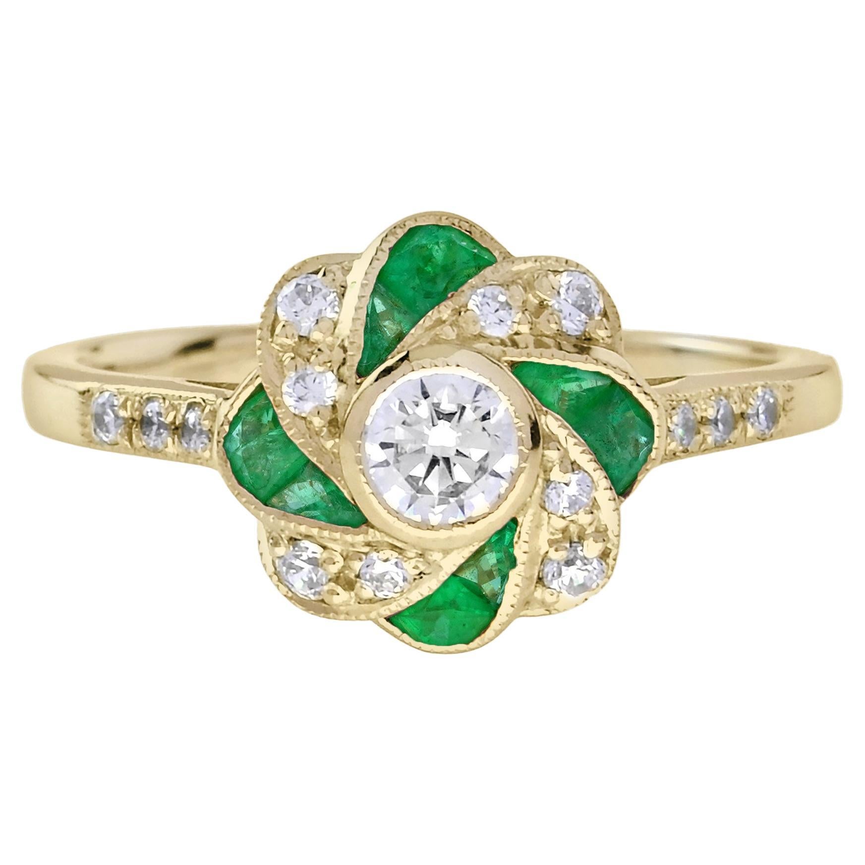 Diamant & Grüner Smaragd Vintage Style Floral Rose Gelbgold Ring