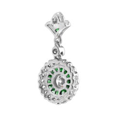 Diamond & Green Emerald Wavy Trim Art Deco Style Halo Set 14K White Gold Pendant