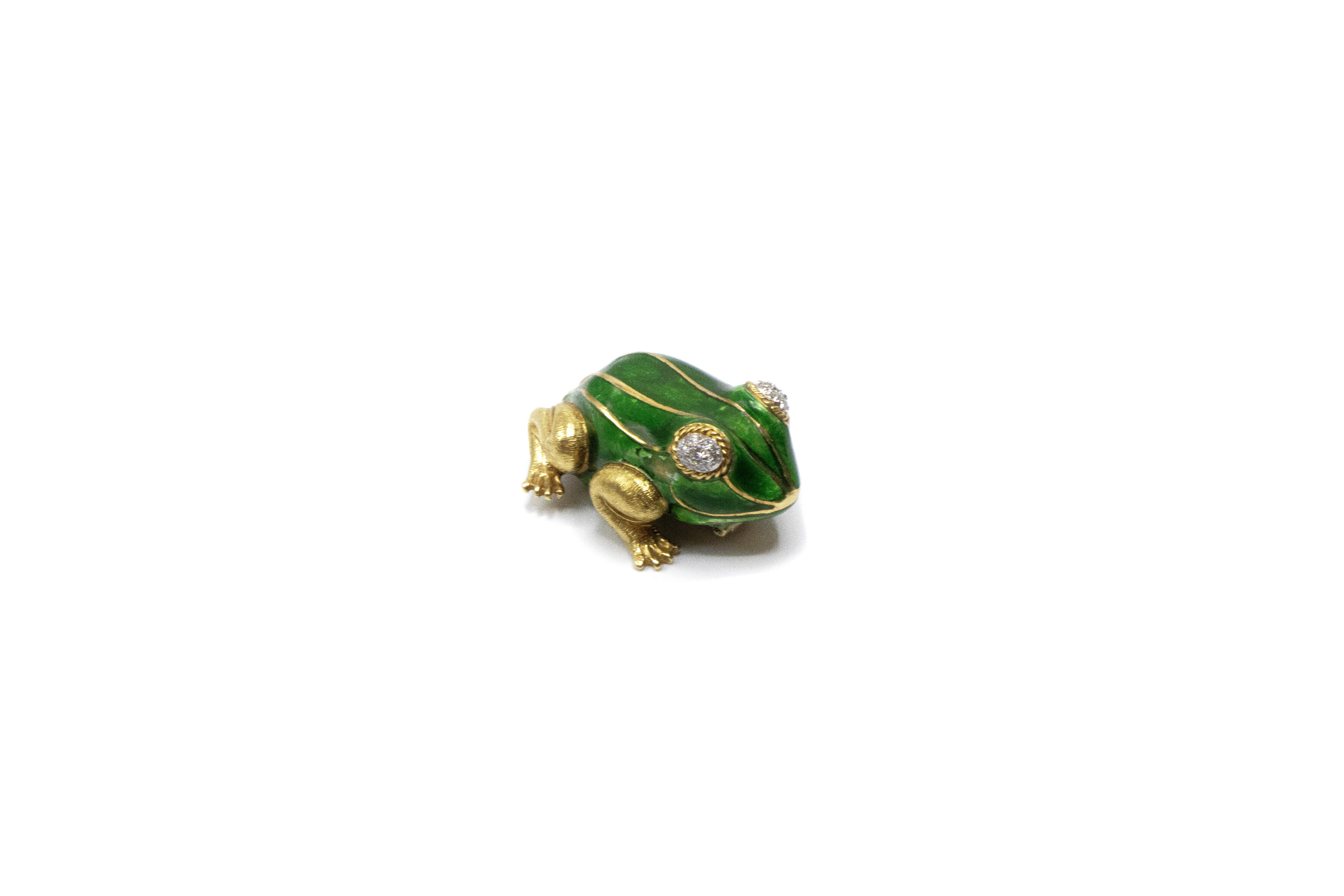 Diamond Green Enamel Frog 18k Gold Brooch. Eyes of frog are finished beautifully with pave set diamond. Body of frog is done with green enamel over 18k gold and legs are beautifully brushed gold. Total weight 32.74 grams. 2 inches by 1.25 inches