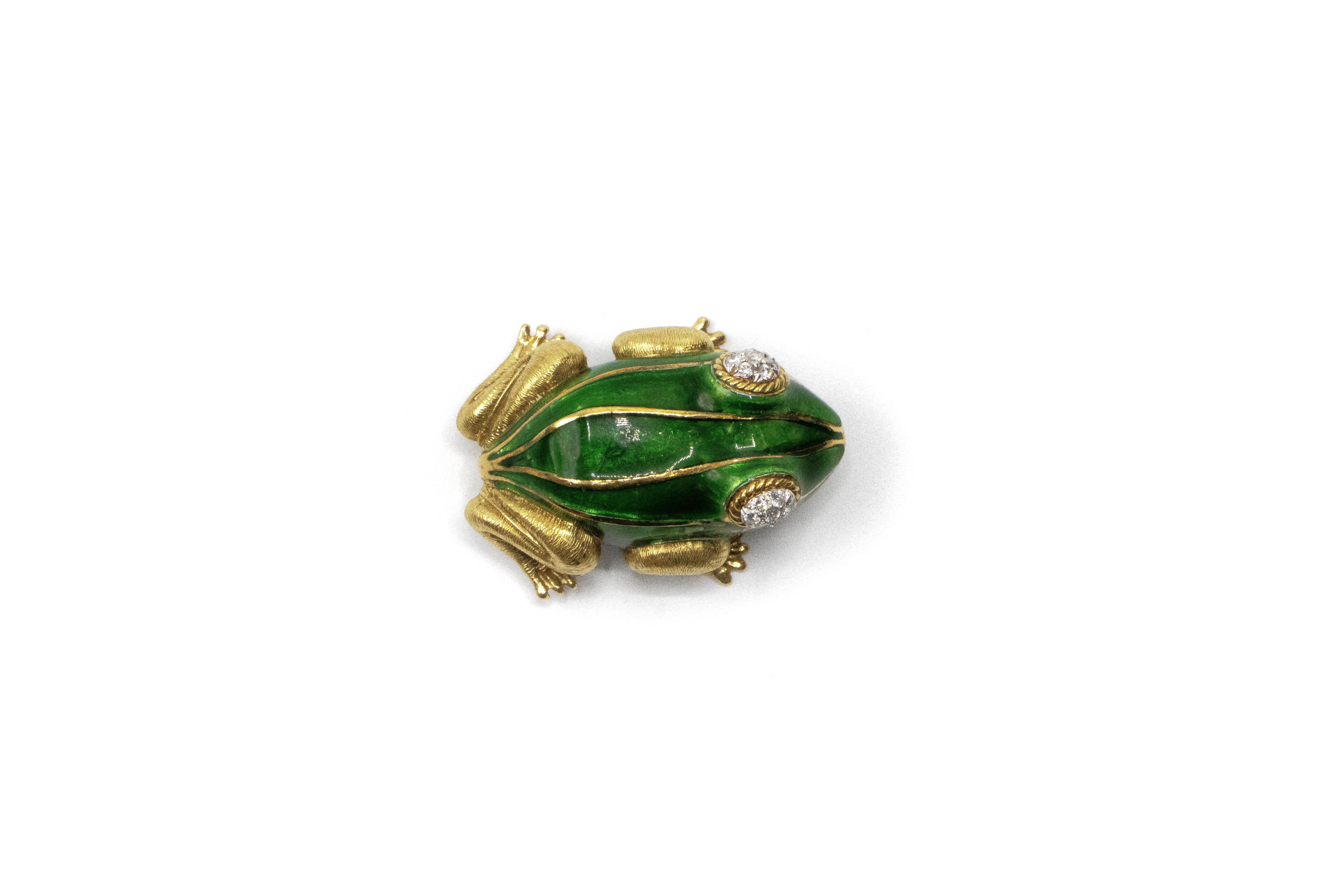 Women's or Men's Diamond Green Enamel Frog 18 Karat Gold Brooch For Sale