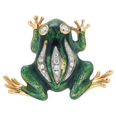 Garavelli Broche grenouille vintage en or 18 carats et émail vert avec diamants de 1,30 pouce