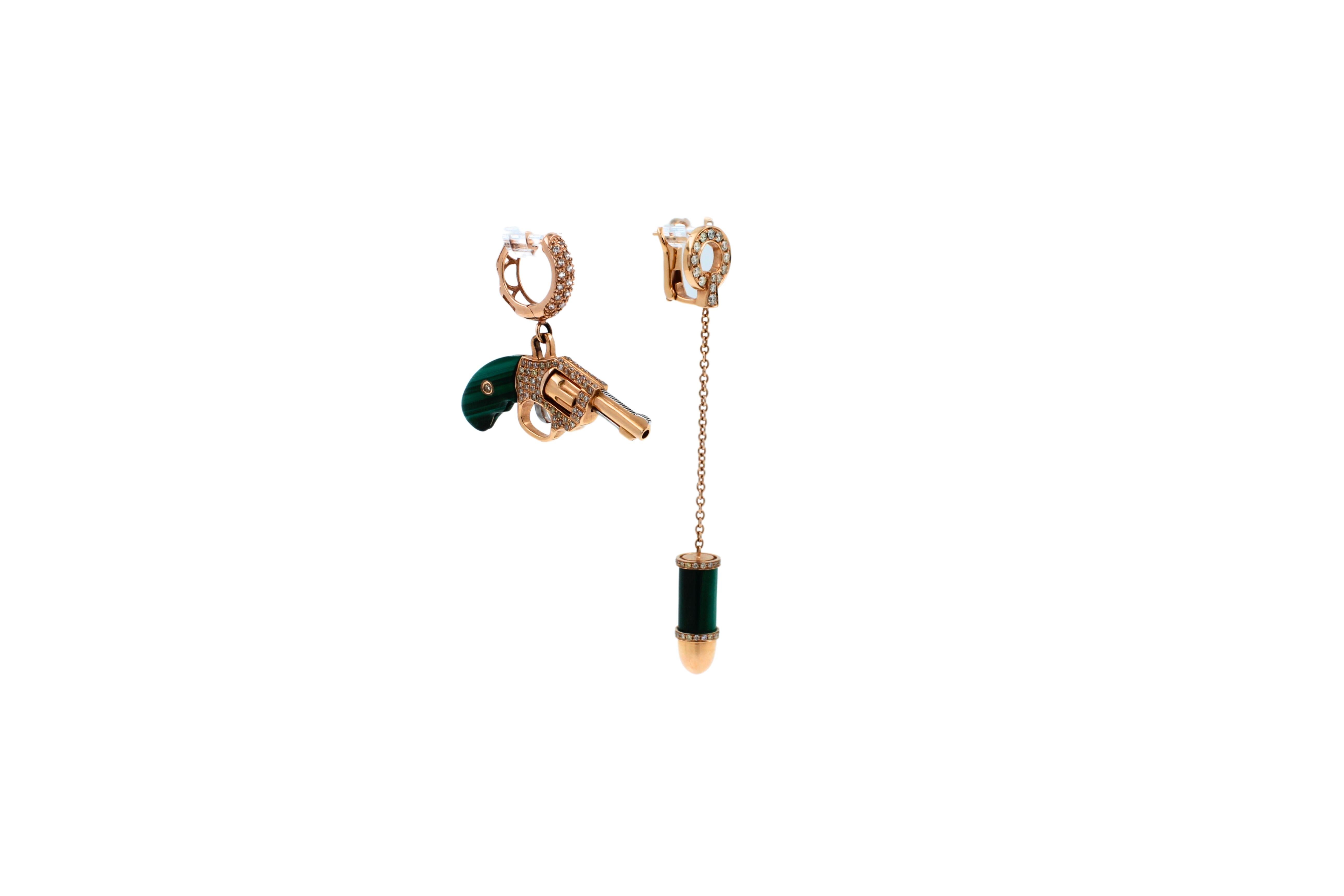Diamond Green Malachite Pave Bullet 18 Karat Rose Gold Circle Drop Chain Earring For Sale 5