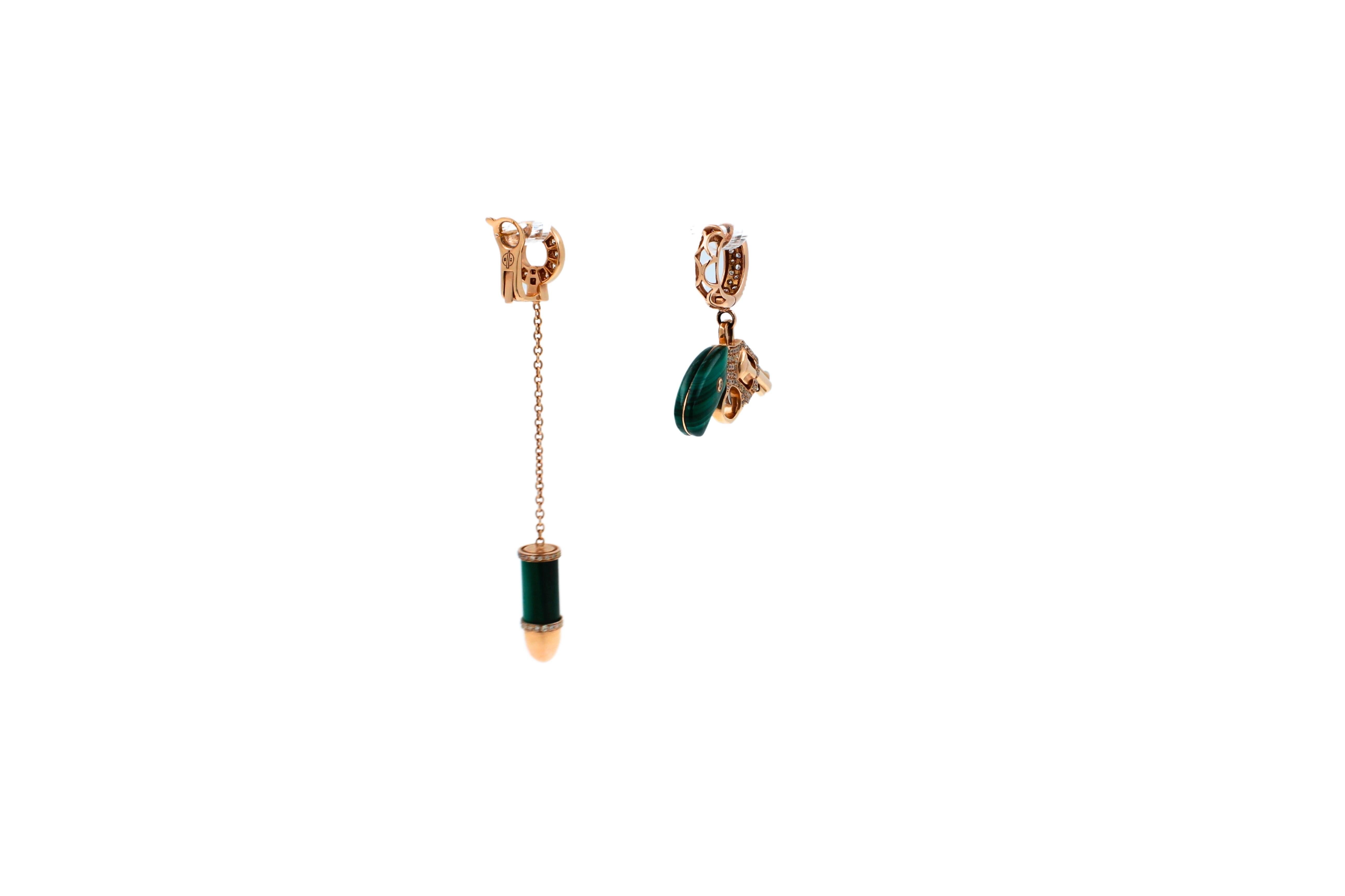 Diamond Green Malachite Pave Bullet 18 Karat Rose Gold Circle Drop Chain Earring For Sale 6