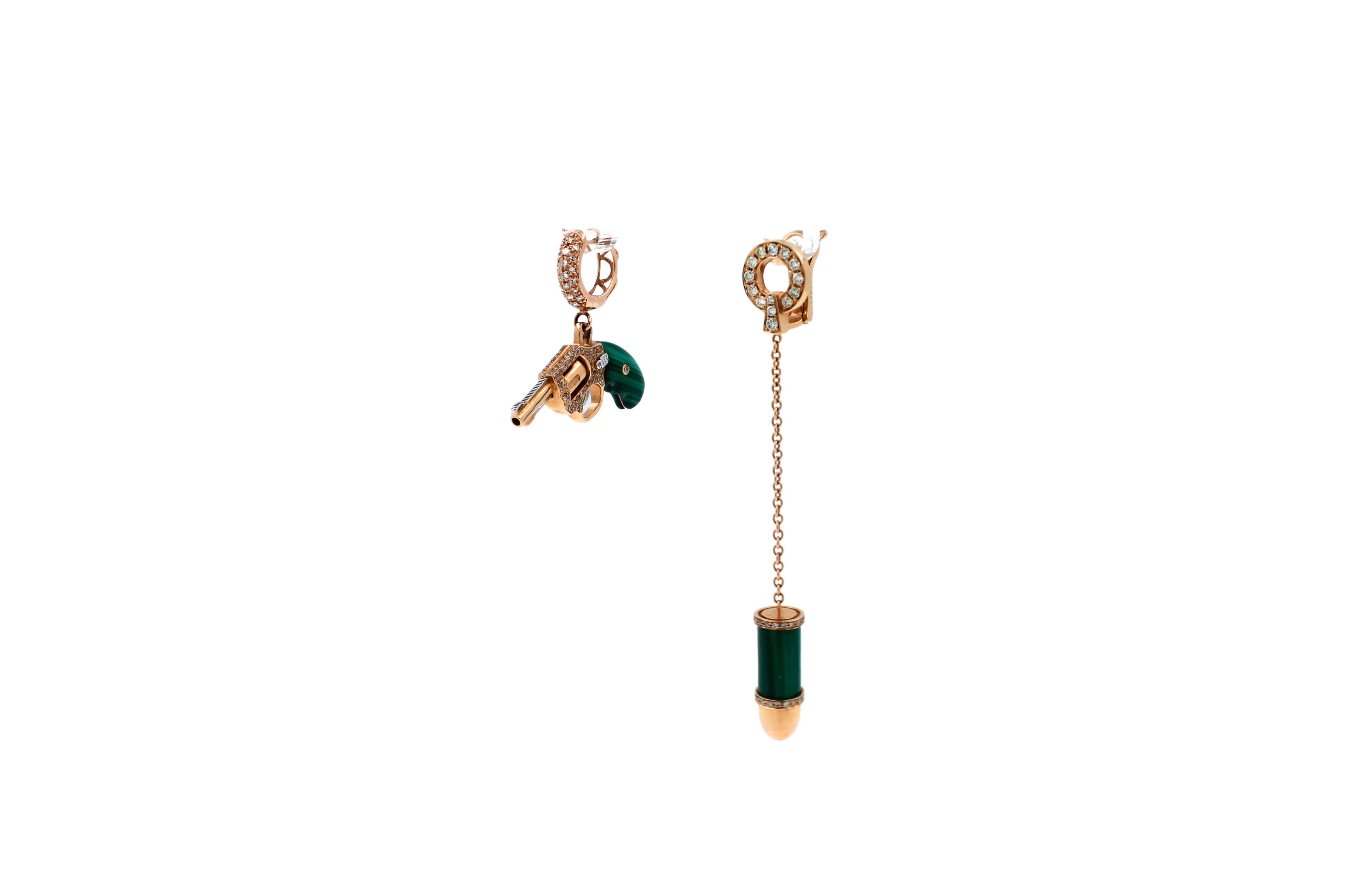 Diamond Green Malachite Pave Bullet 18 Karat Rose Gold Circle Drop Chain Earring For Sale 7