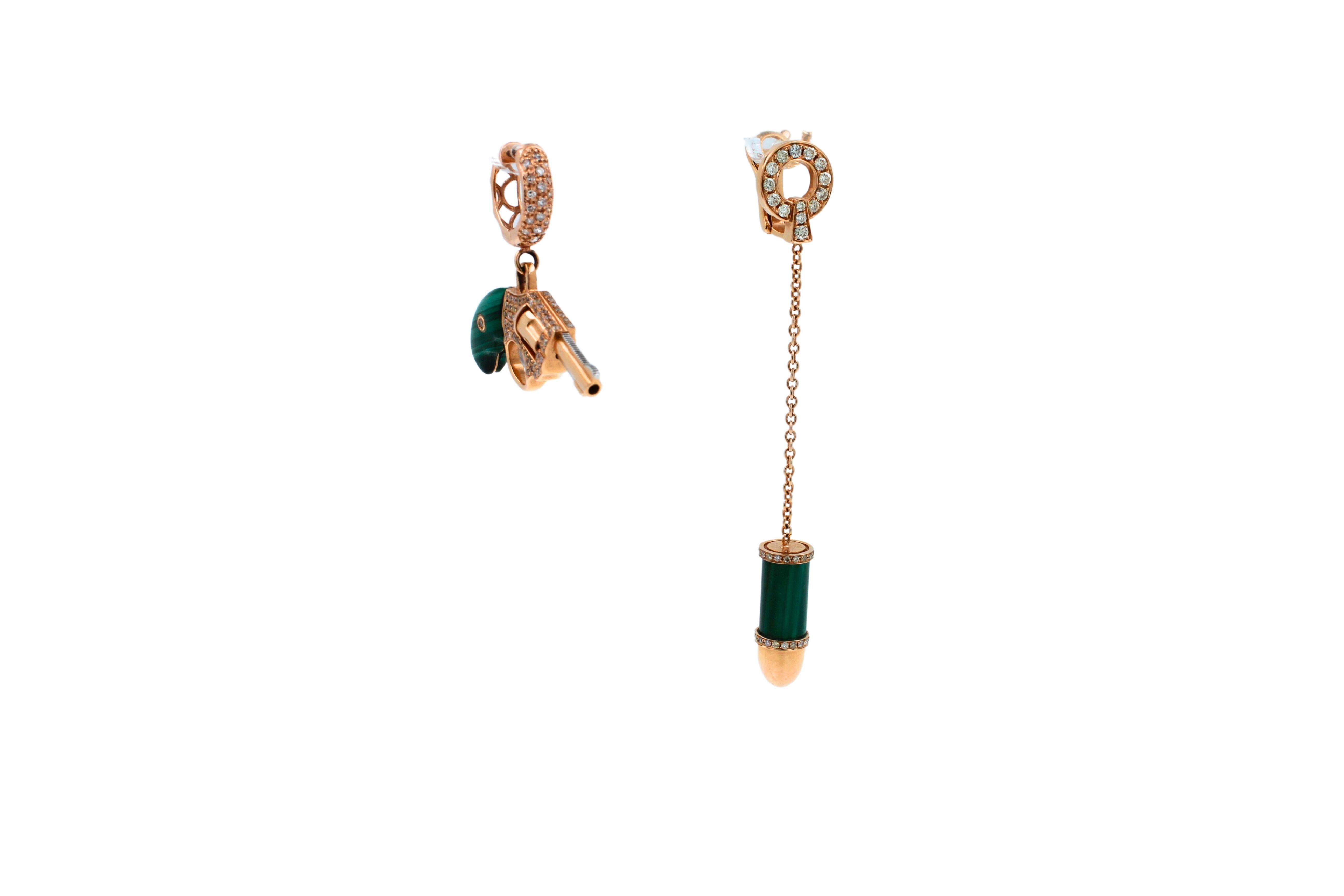 Diamond Green Malachite Bullet 18 Karat Rose Gold Circle Drop Chain Earrings For Sale 3