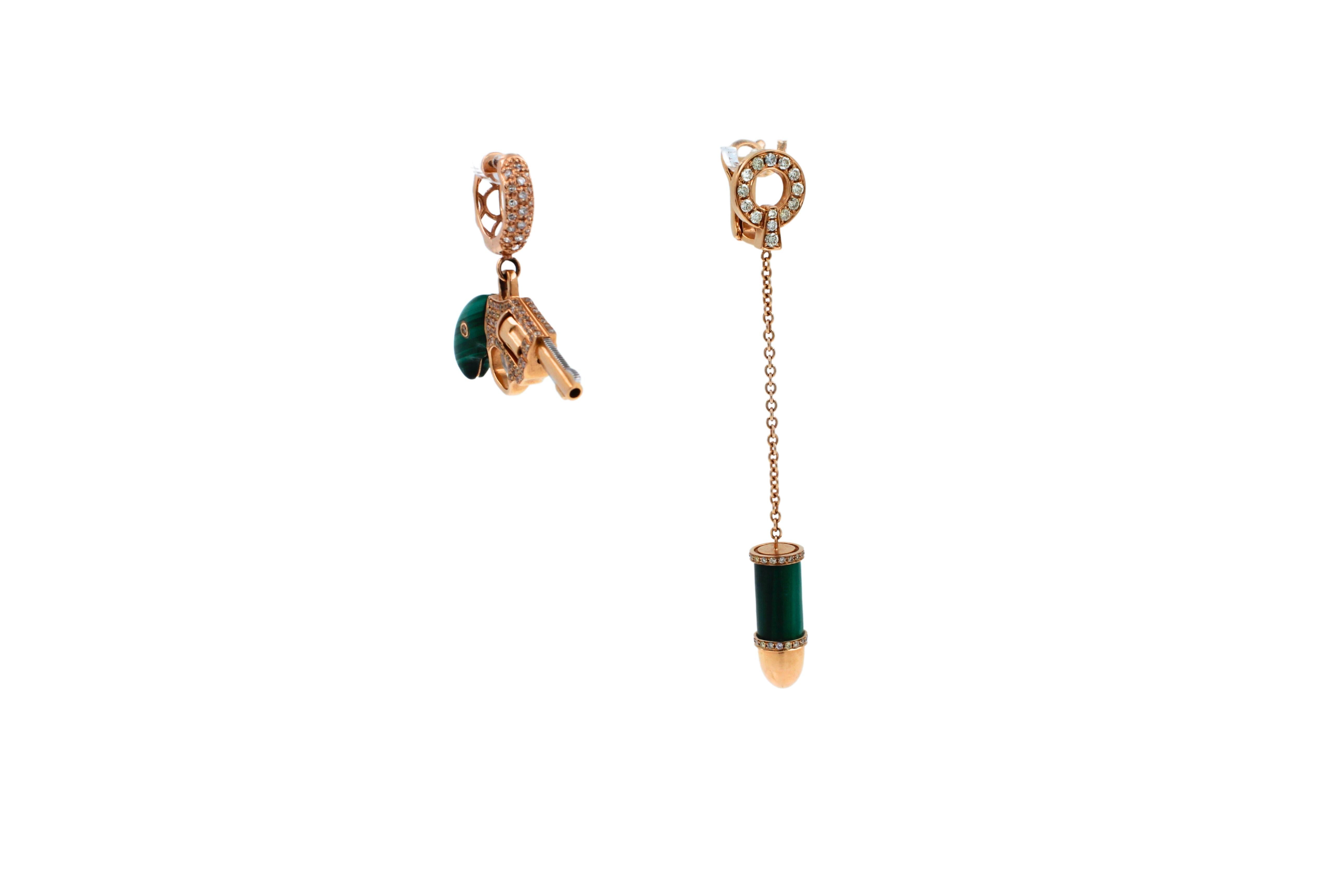 Diamond Green Malachite Bullet 18 Karat Rose Gold Circle Drop Chain Earrings For Sale 4