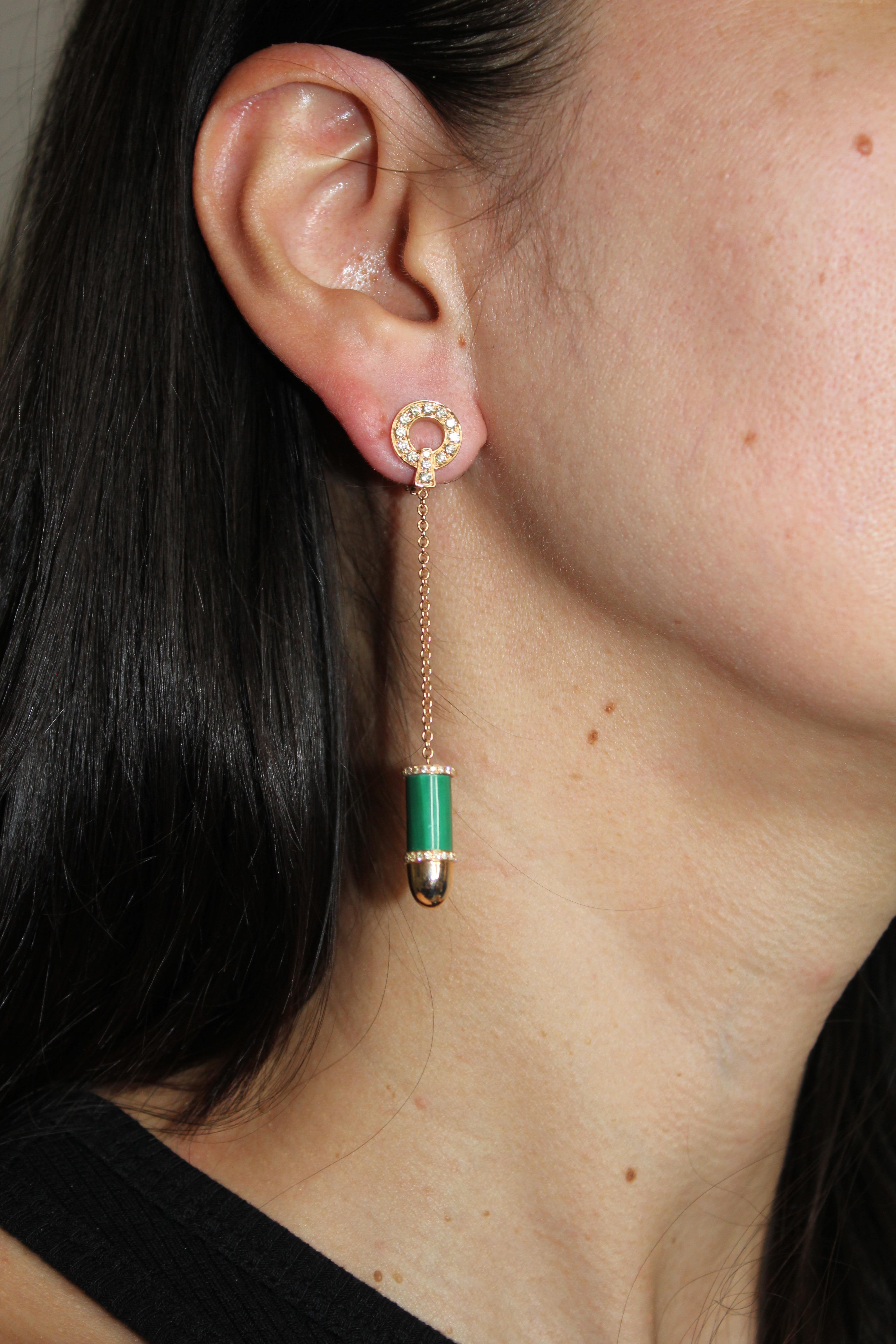 Diamond Green Malachite Gun Revolver 18 Karat Rose Gold Huggie Pave Drop Earrings Set
18K Rose Gold
Green Malachite Bullet Gun Earrings (Two matching earrings = 1 pair)
1.50 cts Pave Diamonds 

This is a combination of solid rose + white gold +