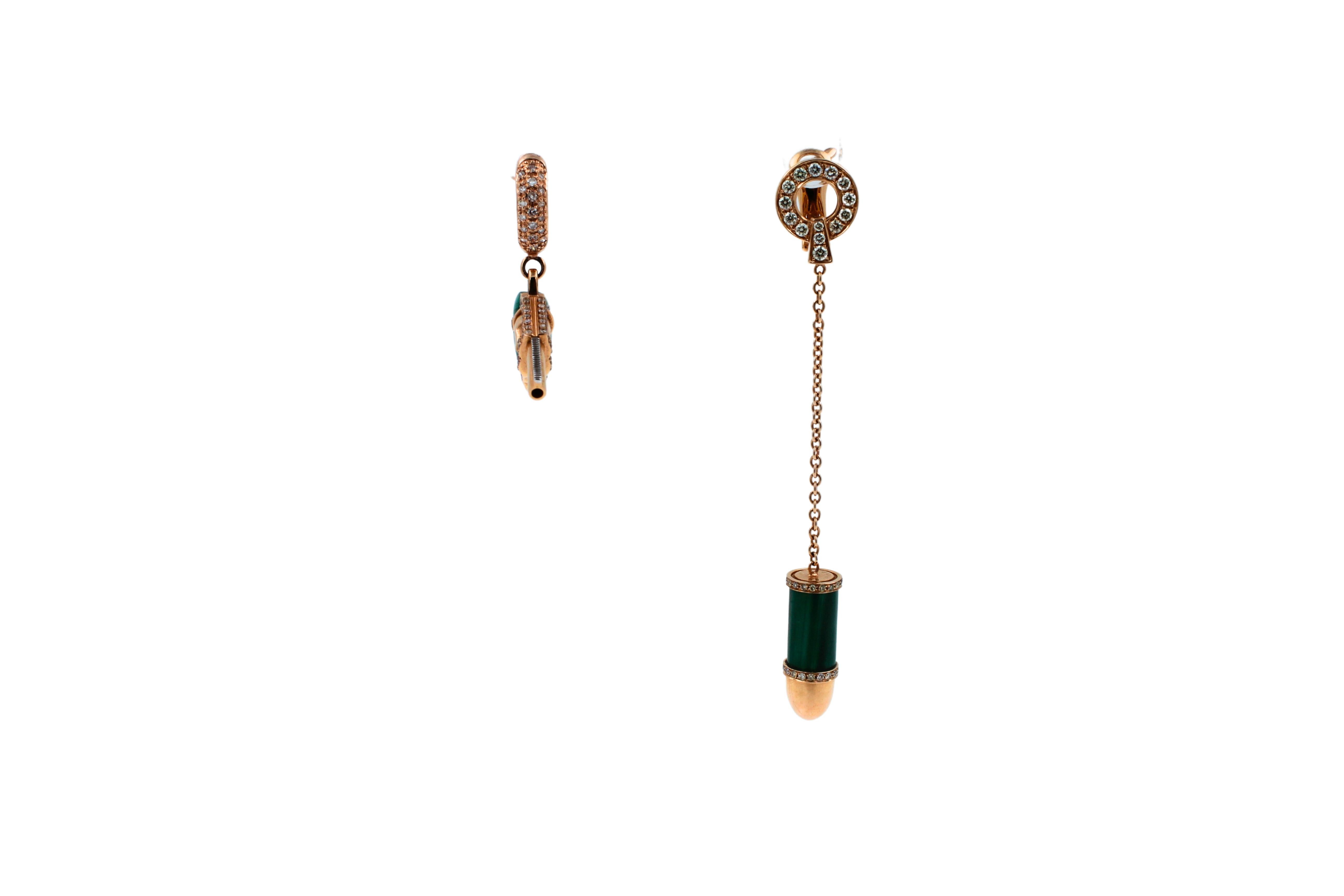Diamond Green Malachite Bullet 18 Karat Rose Gold Circle Drop Chain Earrings For Sale 2