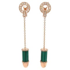 Used Diamond Green Malachite Bullet 18 Karat Rose Gold Circle Drop Chain Earrings