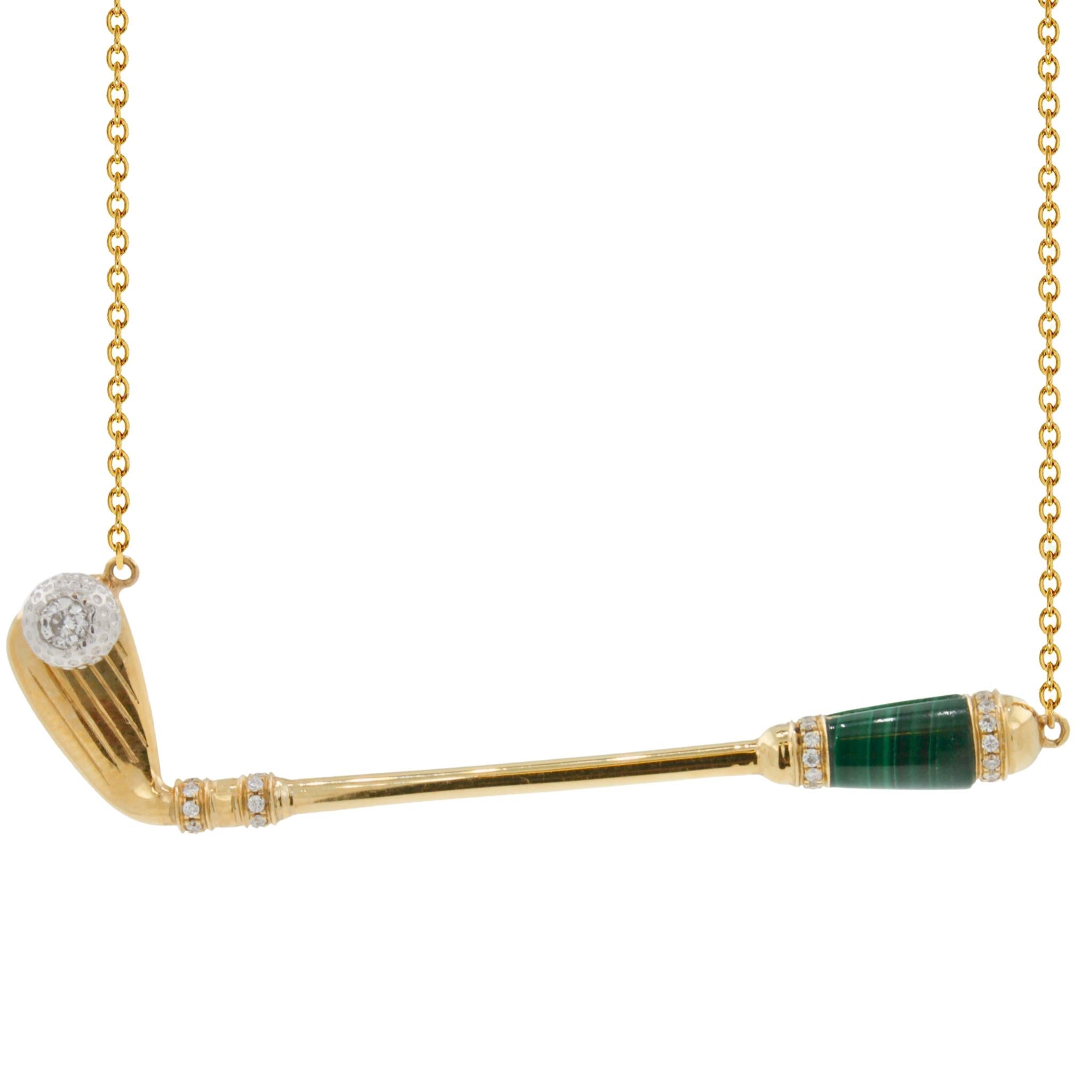 Colgante Collar Oro Amarillo 18K Diamante Malaquita Verde Golf Club Birdie Charm Moderno en venta