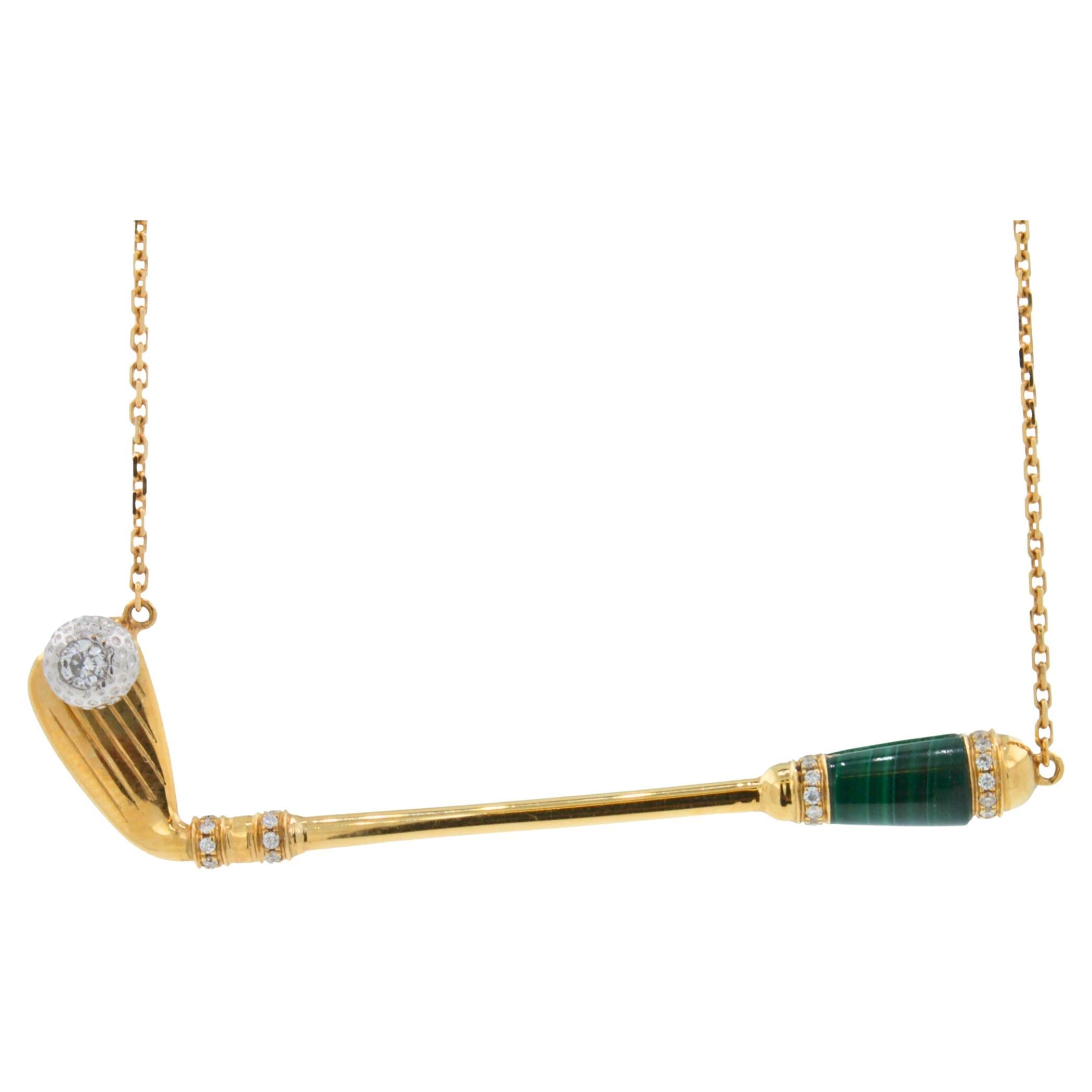 Diamond Green Malachite Golf Club Birdie Charm 18K Yellow Gold Necklace Pendant For Sale